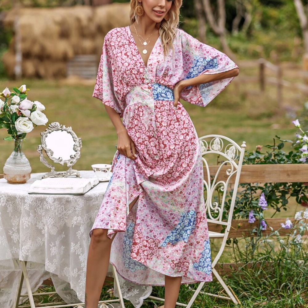 Boho Floral Pink Surplice Kimono Sleeve Dress